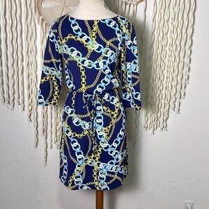 J. McLaughlin Blue Chain Detail Drawstring Waist Boatneck Dress Size Small